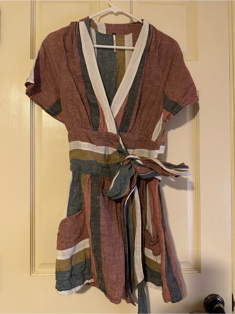 Free People Striped Wrap Mini Dress in Rust, Olive, Cream, Blue